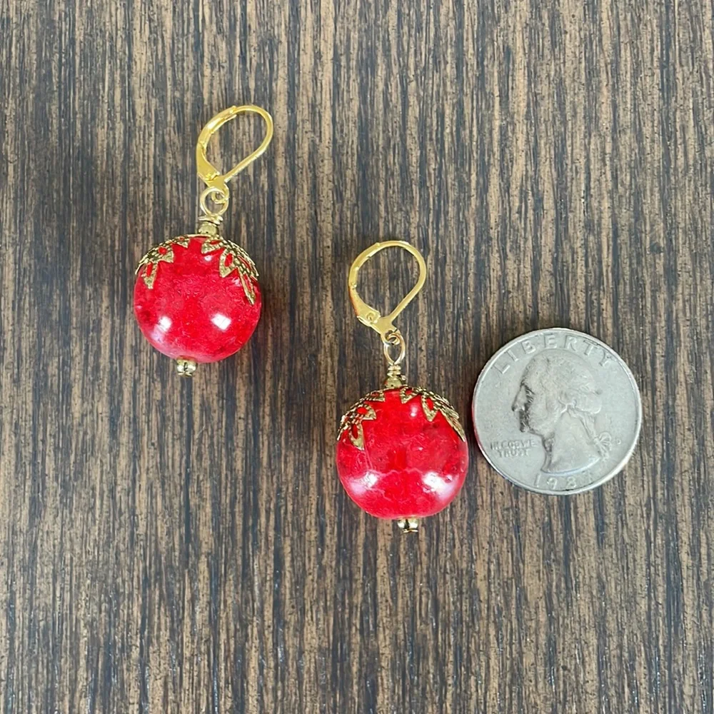 HAND CRAFTED EARRINGS Big Red Glass Marbles Gold Plated